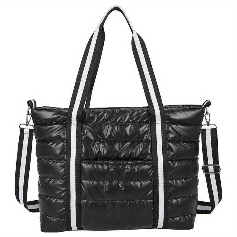 Puffer Quilted Tote Bag Women Striped Strap Shoulder Bag Large Capacity