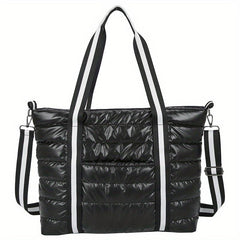Puffer Quilted Tote Bag Women Striped Strap Shoulder Bag Large Capacity