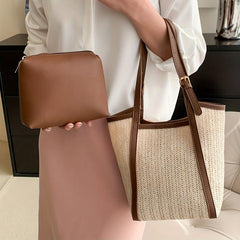 Woven Straw Magnet Shoulder Bag With Insert Bag Stylish Tote Bag