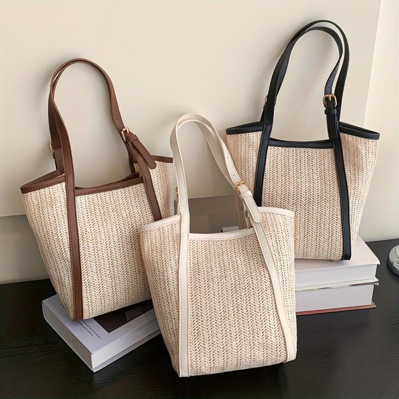 Woven Straw Magnet Shoulder Bag With Insert Bag Stylish Tote Bag