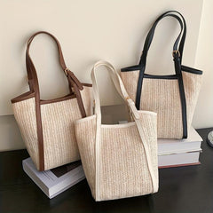 Woven Straw Magnet Shoulder Bag With Insert Bag Stylish Tote Bag