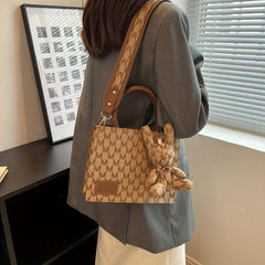 Rabbit Pendant Shoulder Bag Wide Strap Handbag Tote Bag