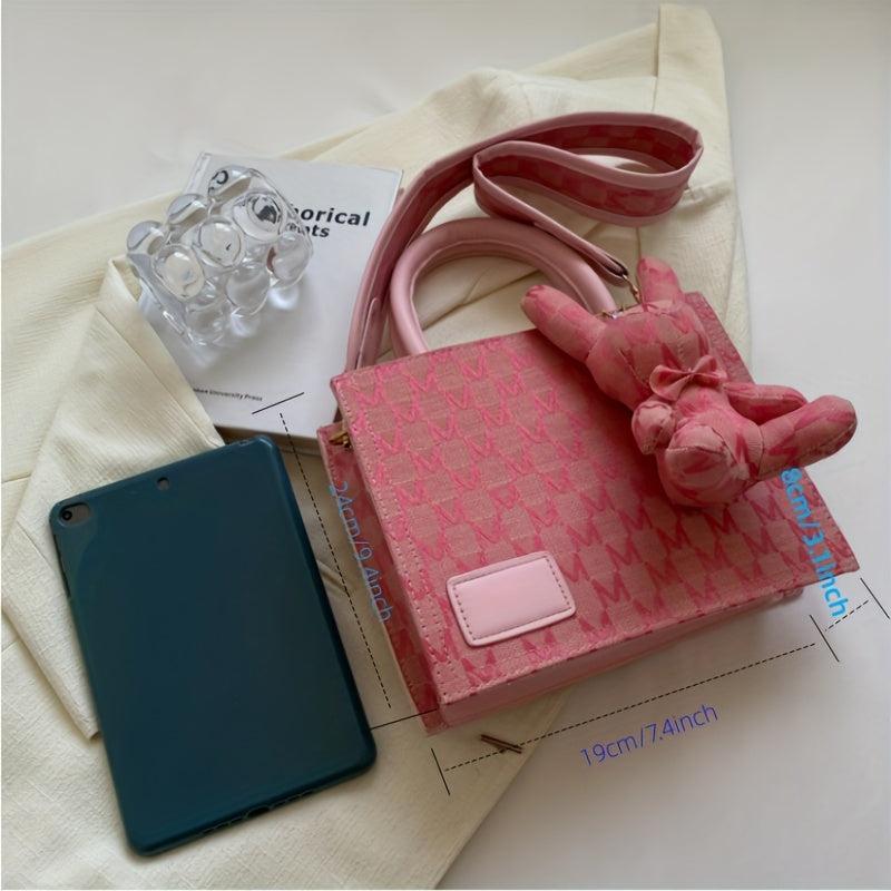 Rabbit Pendant Shoulder Bag Wide Strap Handbag Tote Bag
