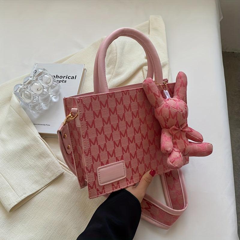 Rabbit Pendant Shoulder Bag Wide Strap Handbag Tote Bag