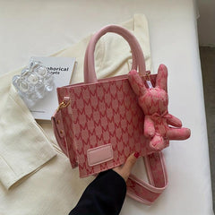 Rabbit Pendant Shoulder Bag Wide Strap Handbag Tote Bag