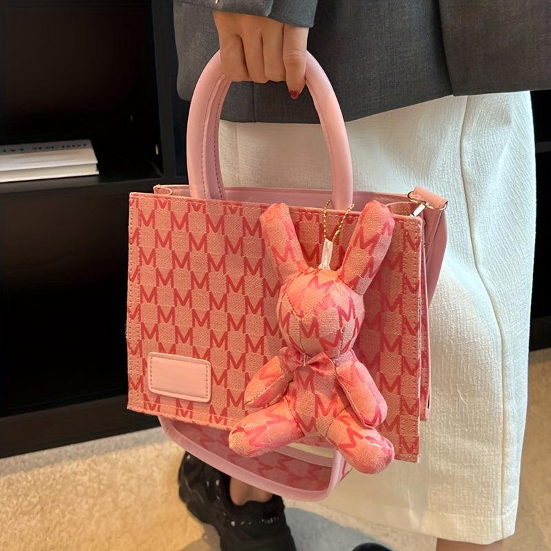 Rabbit Pendant Shoulder Bag Wide Strap Handbag Tote Bag