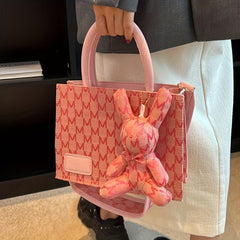 Rabbit Pendant Shoulder Bag Wide Strap Handbag Tote Bag