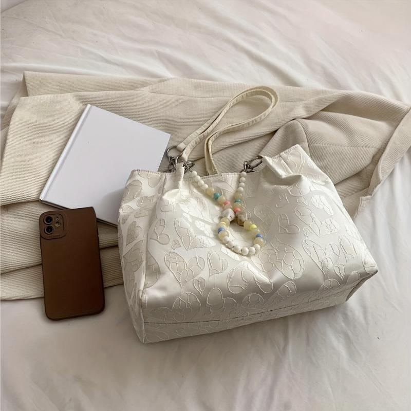 Heart Pattern Canvas Tote Bag with Beads Chain, Large Capacity
