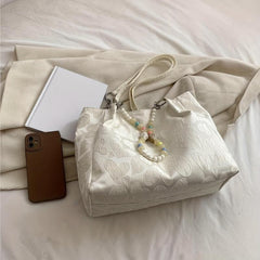 Heart Pattern Canvas Tote Bag with Beads Chain, Large Capacity