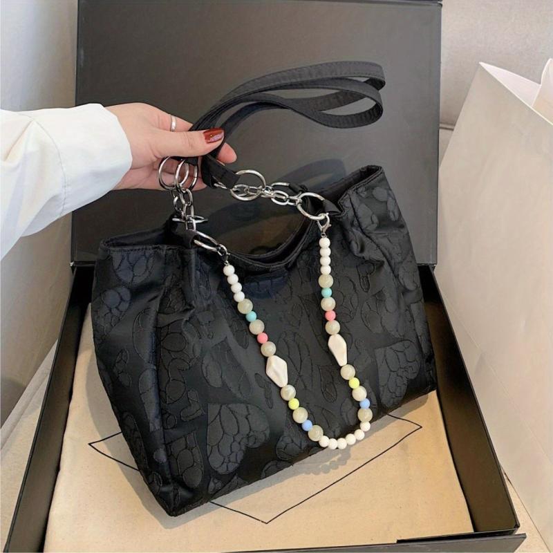 Heart Pattern Canvas Tote Bag with Beads Chain, Large Capacity