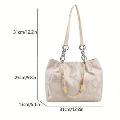 Heart Pattern Canvas Tote Bag with Beads Chain, Large Capacity