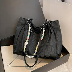 Heart Pattern Canvas Tote Bag with Beads Chain, Large Capacity