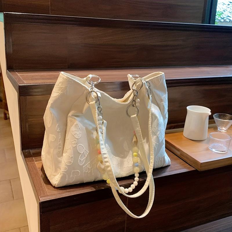 Heart Pattern Canvas Tote Bag with Beads Chain, Large Capacity