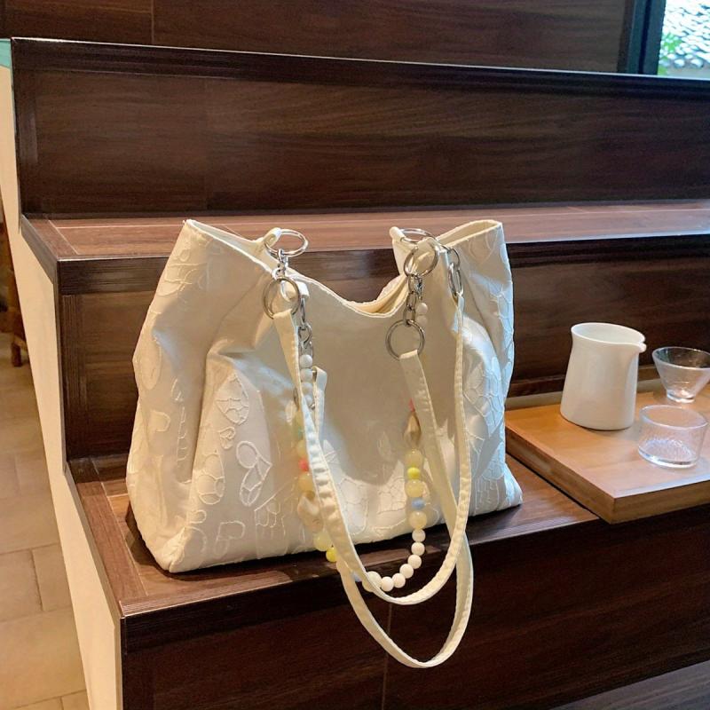 Heart Pattern Canvas Tote Bag with Beads Chain, Large Capacity