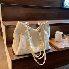 Heart Pattern Canvas Tote Bag with Beads Chain, Large Capacity