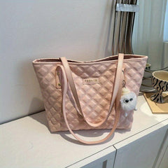 Solid Tote Bag with Argyle Pattern Stylish Handbag