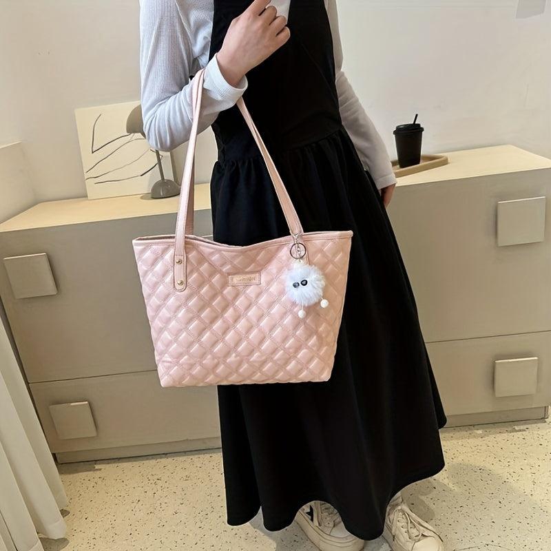 Solid Tote Bag with Argyle Pattern Stylish Handbag