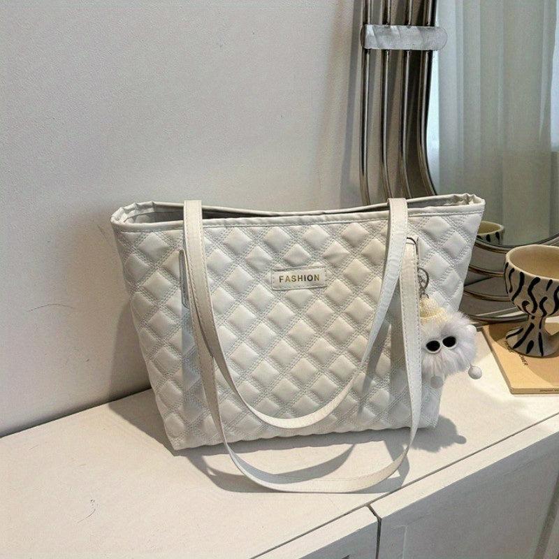 Solid Tote Bag with Argyle Pattern Stylish Handbag