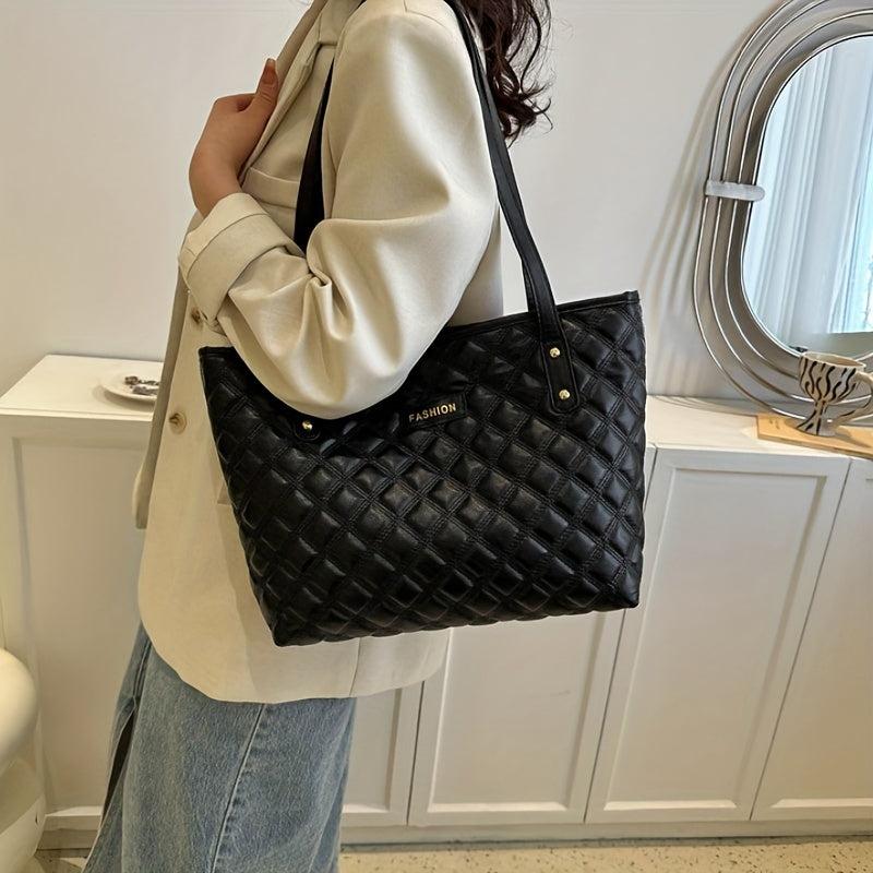 Solid Tote Bag with Argyle Pattern Stylish Handbag