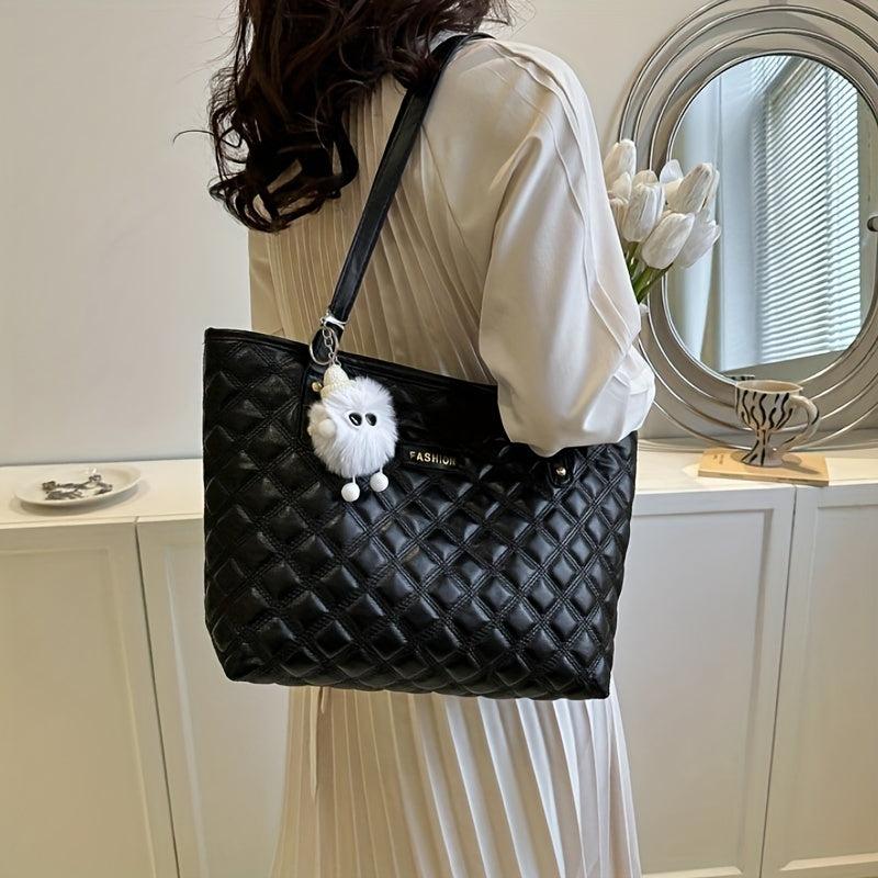 Solid Tote Bag with Argyle Pattern Stylish Handbag