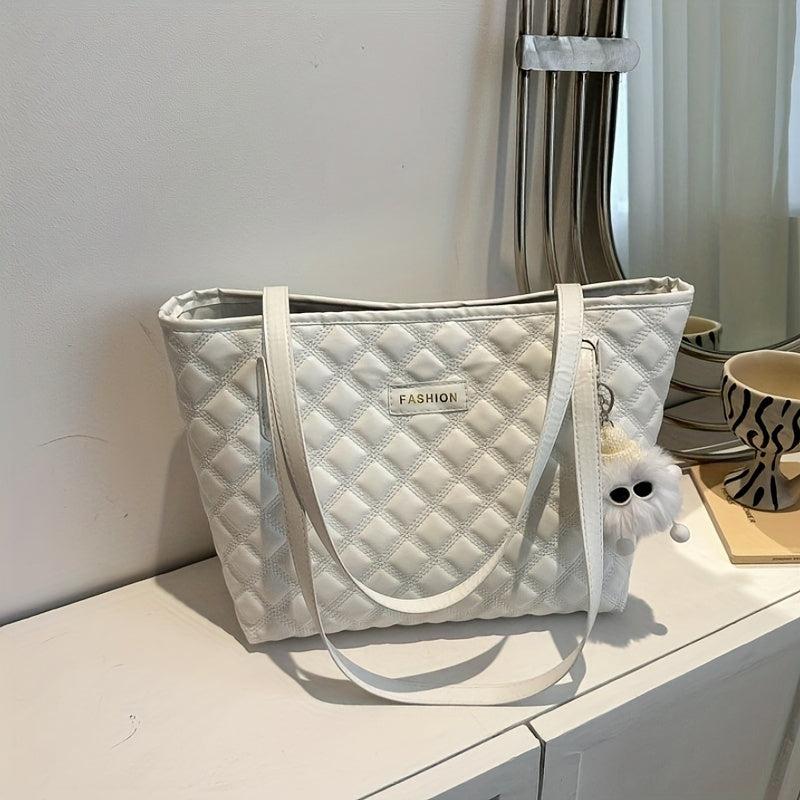 Solid Tote Bag with Argyle Pattern Stylish Handbag