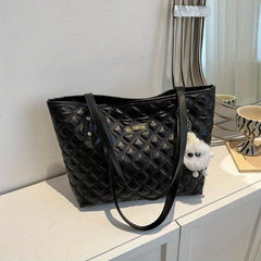 Solid Tote Bag with Argyle Pattern Stylish Handbag