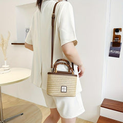 Straw Woven Tote Bag Bamboo Handle Crossbody Purse