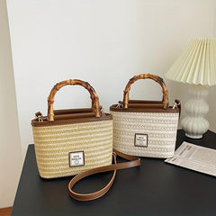 Straw Woven Tote Bag Bamboo Handle Crossbody Purse