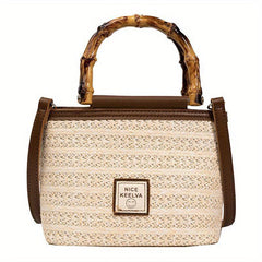Straw Woven Tote Bag Bamboo Handle Crossbody Purse
