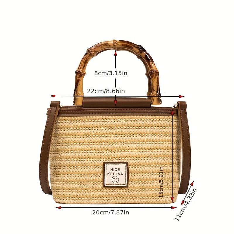 Straw Woven Tote Bag Bamboo Handle Crossbody Purse