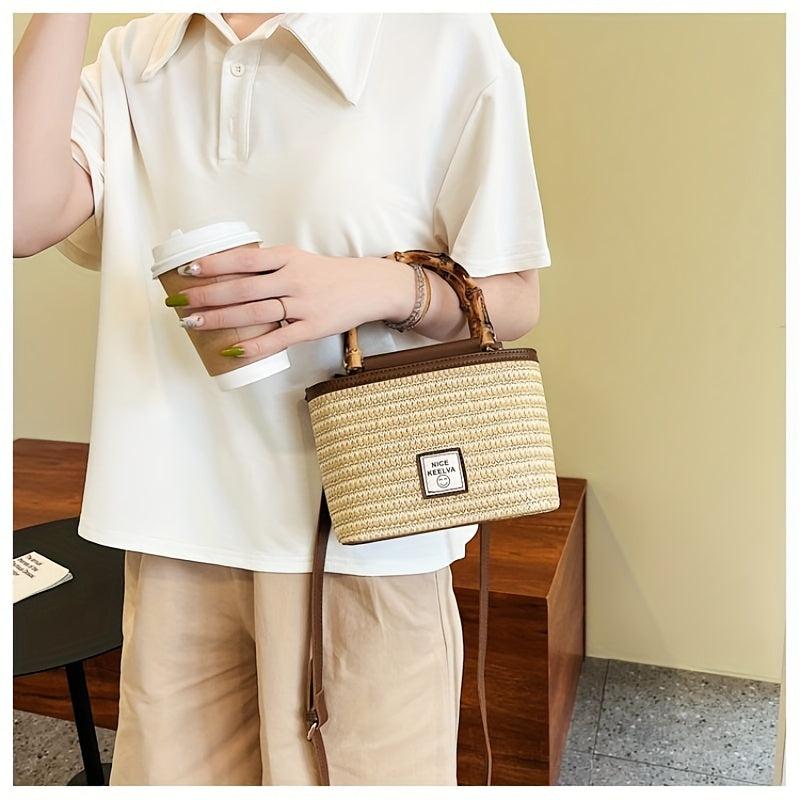 Straw Woven Tote Bag Bamboo Handle Crossbody Purse