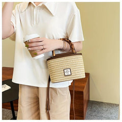 Straw Woven Tote Bag Bamboo Handle Crossbody Purse