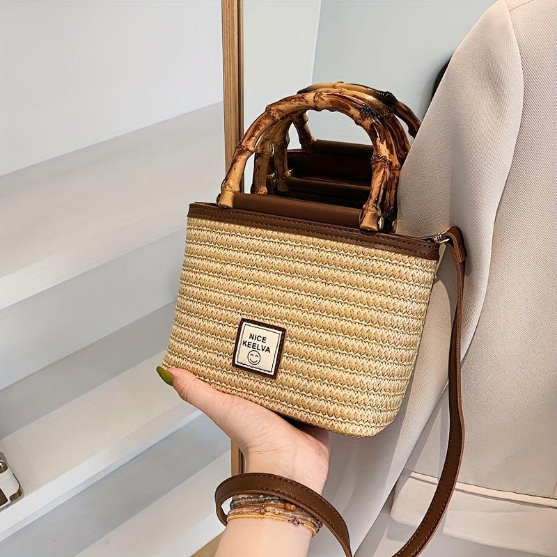 Straw Woven Tote Bag Bamboo Handle Crossbody Purse