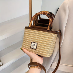 Straw Woven Tote Bag Bamboo Handle Crossbody Purse