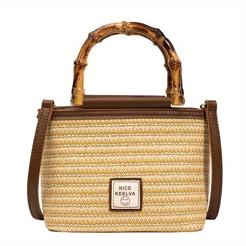 Straw Woven Tote Bag Bamboo Handle Crossbody Purse