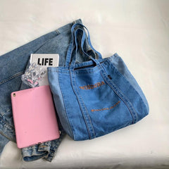 Retro Stitching Large Capacity Tote Bag Denim Durable Lightweight Shoulder Bag