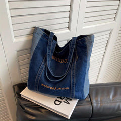 Retro Stitching Large Capacity Tote Bag Denim Durable Lightweight Shoulder Bag