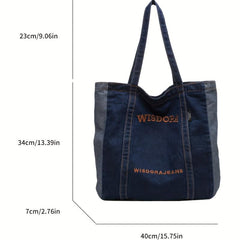 Retro Stitching Large Capacity Tote Bag Denim Durable Lightweight Shoulder Bag