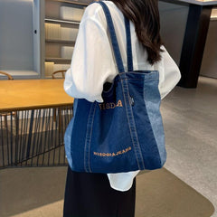 Retro Stitching Large Capacity Tote Bag Denim Durable Lightweight Shoulder Bag