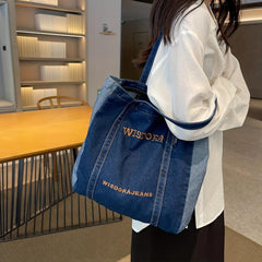 Retro Stitching Large Capacity Tote Bag Denim Durable Lightweight Shoulder Bag