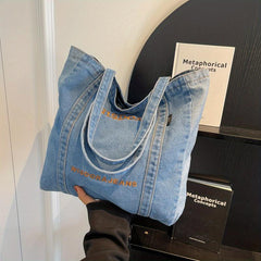 Retro Stitching Large Capacity Tote Bag Denim Durable Lightweight Shoulder Bag
