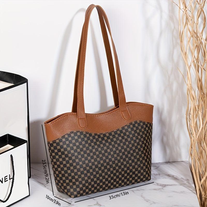 Casual Colorblock Tote Shoulder Bag Classic Pattern Handbag