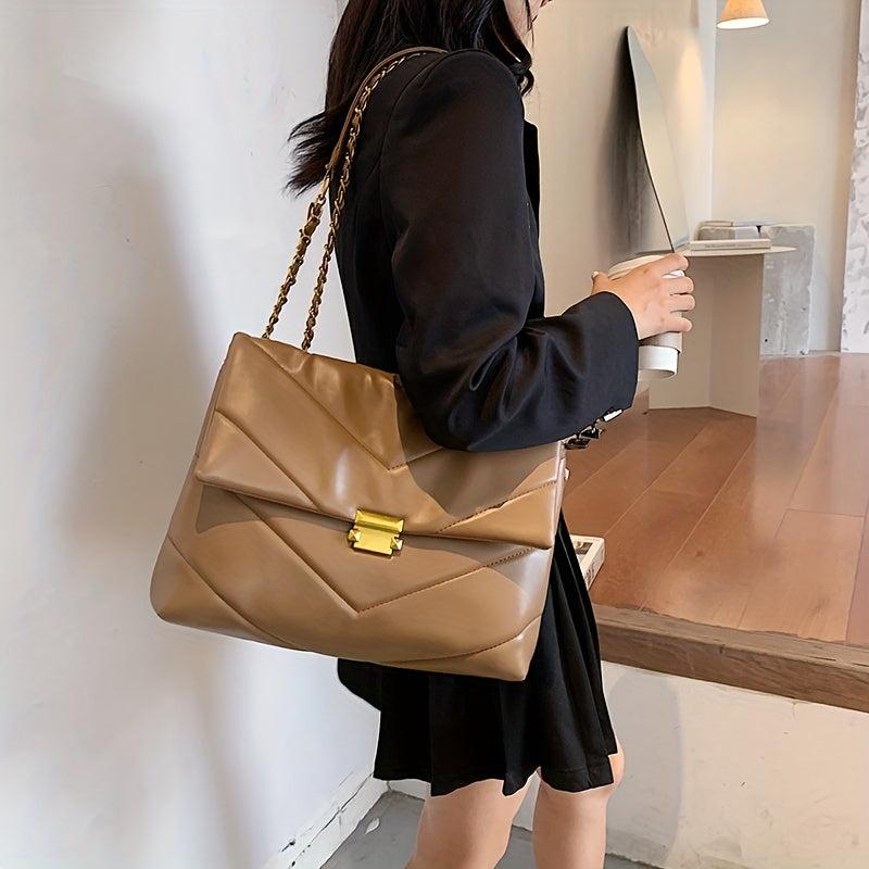 Chevron Quilted Chain Tote Bag Buckle Decor Shoulder Bag