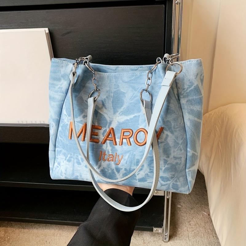 Large Capacity Denim Tote Shoulder Bag Lightweight Casual Commuter Bag