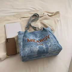 Large Capacity Denim Tote Shoulder Bag Lightweight Casual Commuter Bag