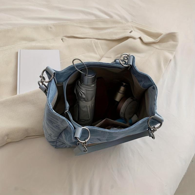 Large Capacity Denim Tote Shoulder Bag Lightweight Casual Commuter Bag