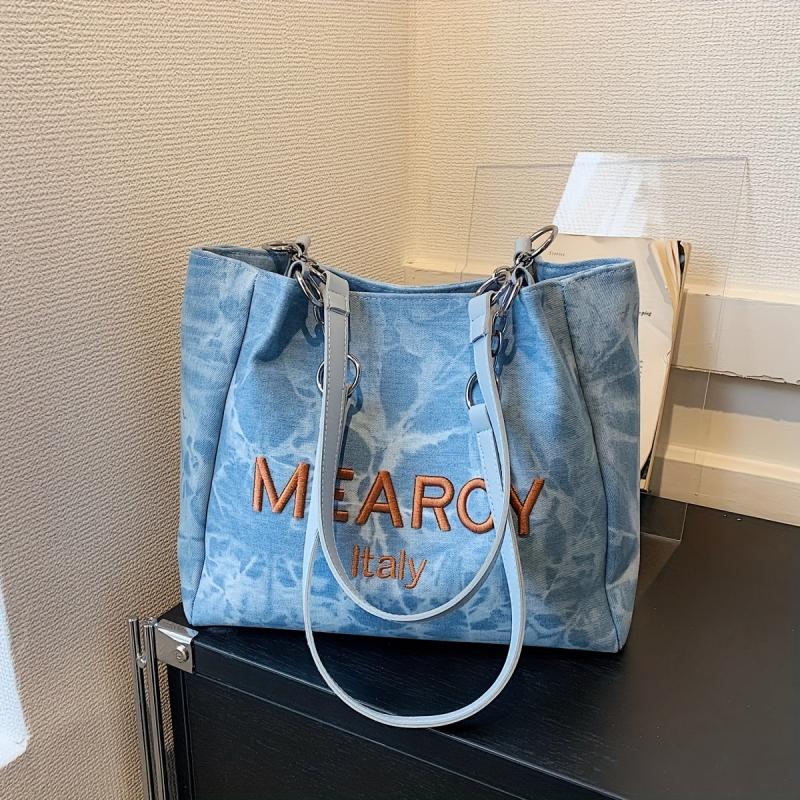 Large Capacity Denim Tote Shoulder Bag Lightweight Casual Commuter Bag