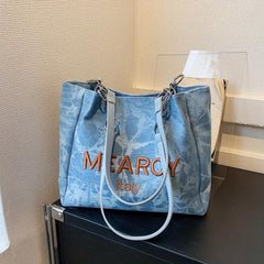 Large Capacity Denim Tote Shoulder Bag Lightweight Casual Commuter Bag