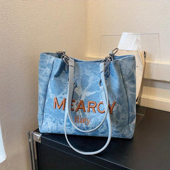 Large Capacity Denim Tote Shoulder Bag Lightweight Casual Commuter Bag