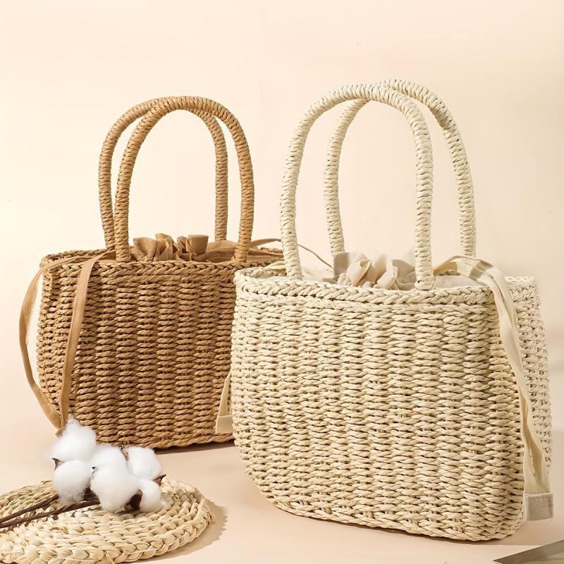 Casual Beach Straw Tote Bag Inner Drawstring Rattan Shoulder Bag